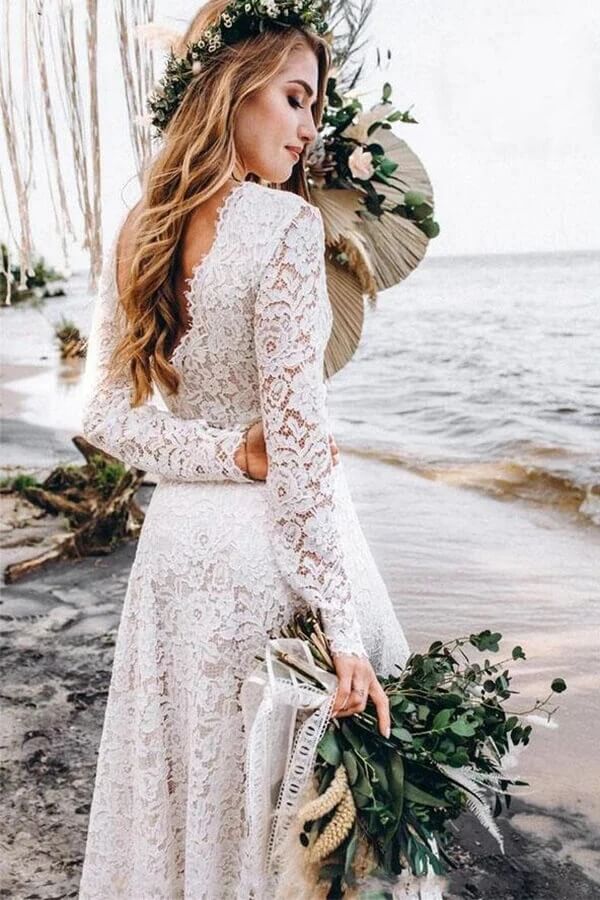 A Line V Neck Long Sleeves Lace Beach Wedding Dresses, Bridal Gown, PW382 image 3