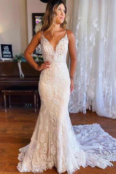 Mermaid Deep V Neck White Lace Wedding Dress with Sweep Train VK23090101 –  Vickidress