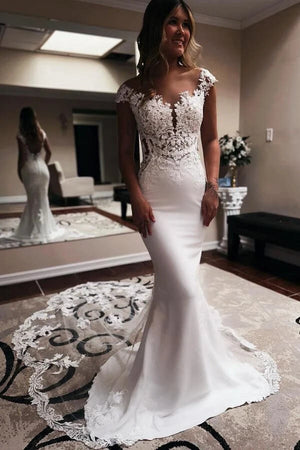Beautiful Satin Mermaid V Neck Lace Wedding Dresses With Court Train, PW492 | satin wedding dress | summer wedding dress | wedding dress online | promnova.com
