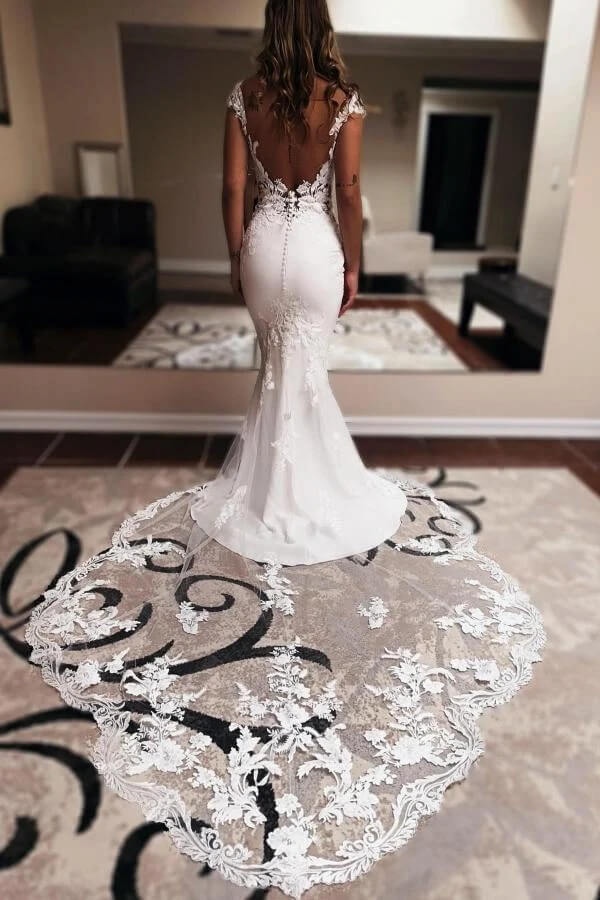 Beautiful Satin Mermaid V Neck Lace Wedding Dresses With Court Train, PW492 | mermaid wedding dress | wedding dress stores | bohemian wedding dress | promnova.com
