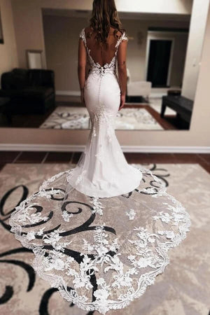 Beautiful Satin Mermaid V Neck Lace Wedding Dresses With Court Train, PW492 | mermaid wedding dress | wedding dress stores | bohemian wedding dress | promnova.com