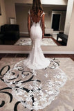 Beautiful Satin Mermaid V Neck Lace Wedding Dresses With Court Train, PW492 | mermaid wedding dress | wedding dress stores | bohemian wedding dress | promnova.com