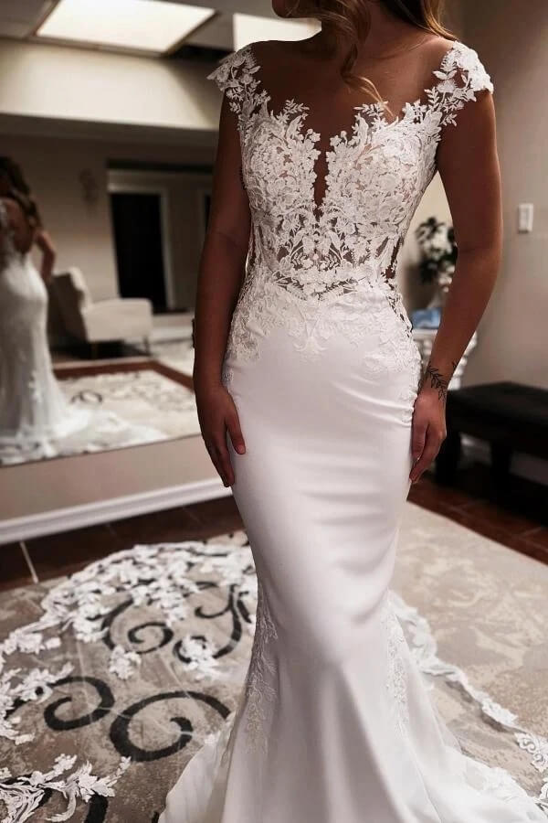 Beautiful Satin Mermaid V Neck Lace Wedding Dresses With Court Train, PW492 | beach wedding dress | bridal gown | vintage wedding dress | promnova.com