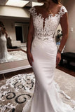 Beautiful Satin Mermaid V Neck Lace Wedding Dresses With Court Train, PW492 | beach wedding dress | bridal gown | vintage wedding dress | promnova.com