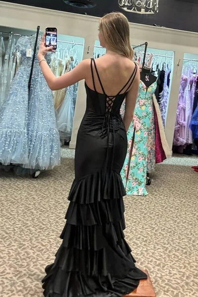 Satin Red V-neck Backless Long Evening Prom Dresses, Mermaid Straps Prom Dress, PM0957 main image 1