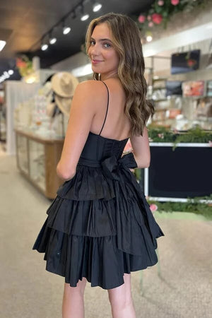 Black Satin Spaghetti Straps A Line Short Homecoming Dresses With Bow, PH447 image 2
