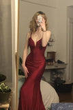 Burgundy Satin Mermaid V Neck Spaghetti Straps Simple Prom Dresses, PL648