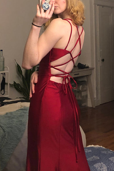 Burgundy Satin Mermaid V Neck Simple Prom Dresses, PL648