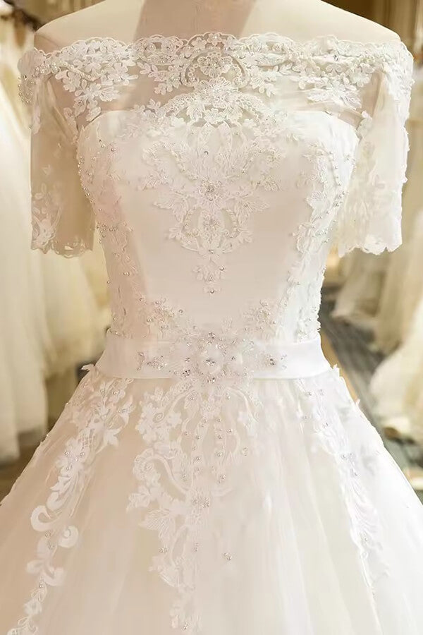Charming Tulle A Line Off-the-Shoulder Short Sleeve Lace Wedding Dresses, PW491 | lace wedding gown | cheap lace wedding dress | wedding dress near me | promnova.com