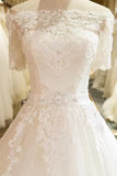 Charming Tulle A Line Off-the-Shoulder Short Sleeve Lace Wedding Dresses, PW491 | lace wedding gown | cheap lace wedding dress | wedding dress near me | promnova.com