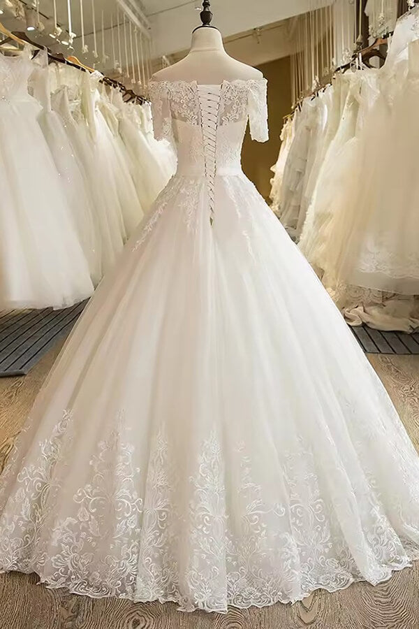 Charming Tulle A Line Off-the-Shoulder Short Sleeve Lace Wedding Dresses, PW491 | summer wedding dress | vintage wedding dress | wedding dress stores | promnova.com