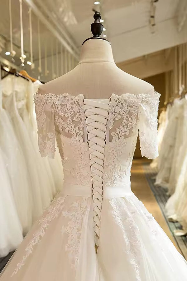 Charming Tulle A Line Off-the-Shoulder Short Sleeve Lace Wedding Dresses, PW491 | tulle wedding dress | wedding dresses shops | bridal gown | promnova.com