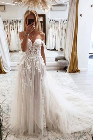 Charming Tulle A Line Sweetheart Wedding Dresses With Lace Appliques, PW401 | a line wedding dress | bridal gown | wedding dress stores | promnova.com
