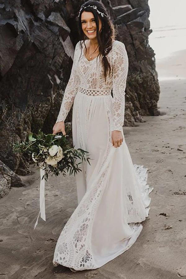 Chiffon A Line V Neck Backless Long Sleeves Lace Beach Wedding Dresses, PW365 | beach wedding gown | long sleeves wedding dress | lace wedding dresses | promnova.com