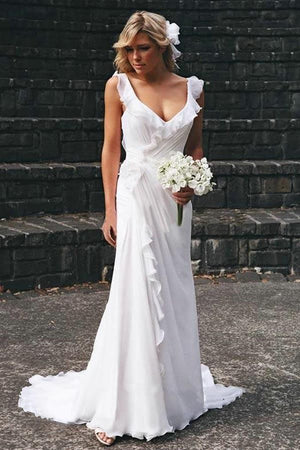 Chiffon A Line V Neck Beach Wedding Dresses With Ruffles, Bridal Gowns, PW354 | simple wedding dresses | cheap wedding dress | a line wedding dress | promnova.com