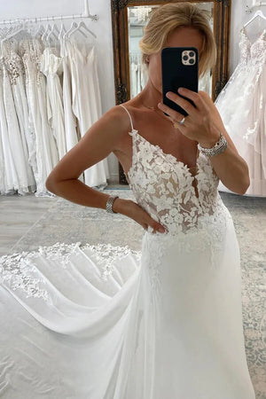 Chiffon A Line V Neck Spaghetti Straps Wedding Dress With Lace Appliques, PW374 image 2