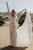 Chiffon Lace A Line V Neck Short Sleeve Bohemian Wedding Dresses, PW506
