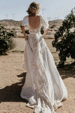 Chiffon Lace A Line V Neck Short Sleeve Bohemian Wedding Dresses, PW506 image 3
