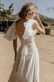 Chiffon Lace A Line V Neck Short Sleeve Bohemian Wedding Dresses, PW506 image 4