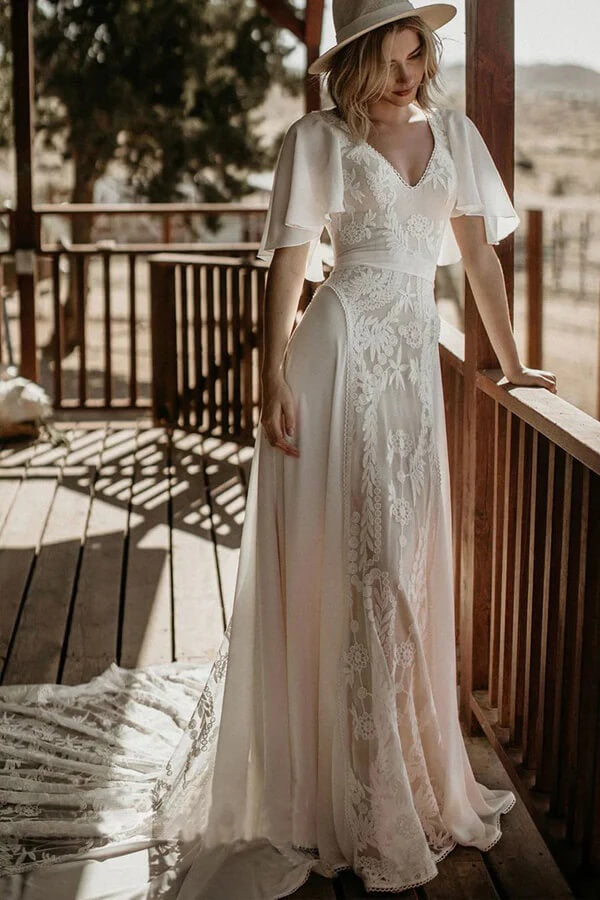 Chiffon Lace A Line V Neck Short Sleeve Bohemian Wedding Dresses, PW506 image 2