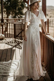 Chiffon Lace A Line V Neck Short Sleeve Bohemian Wedding Dresses, PW506 image 2