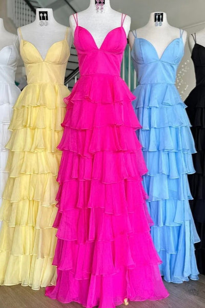 Chiffon Tiered A Line Spaghetti Straps Prom Dresses, PL714