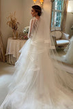 Delicated Tulle Layered V Neck Long Sleeve Lace Wedding Dresses, PW454 image 2