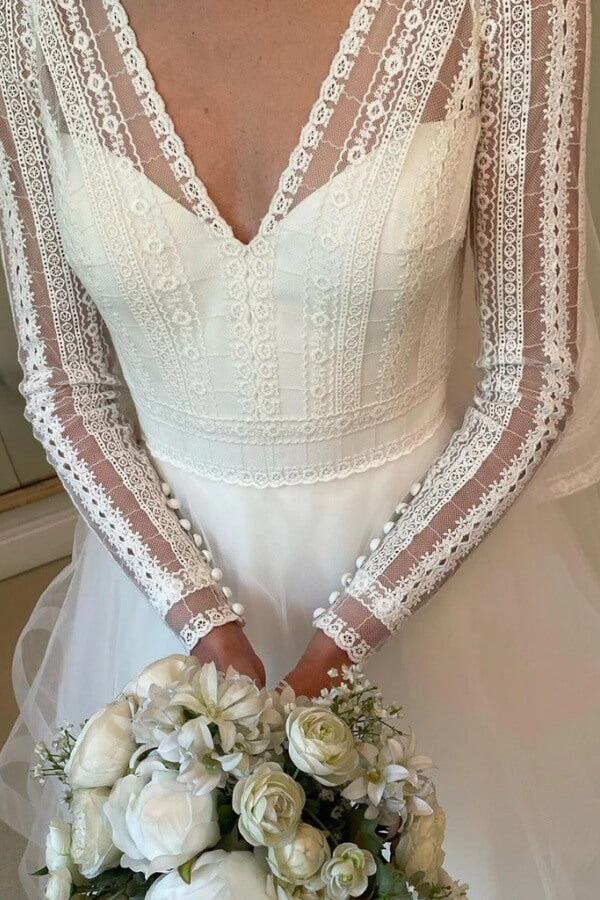 Delicated Tulle Layered V Neck Long Sleeve Lace Wedding Dresses, PW454 image 4