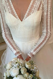 Delicated Tulle Layered V Neck Long Sleeve Lace Wedding Dresses, PW454 image 4