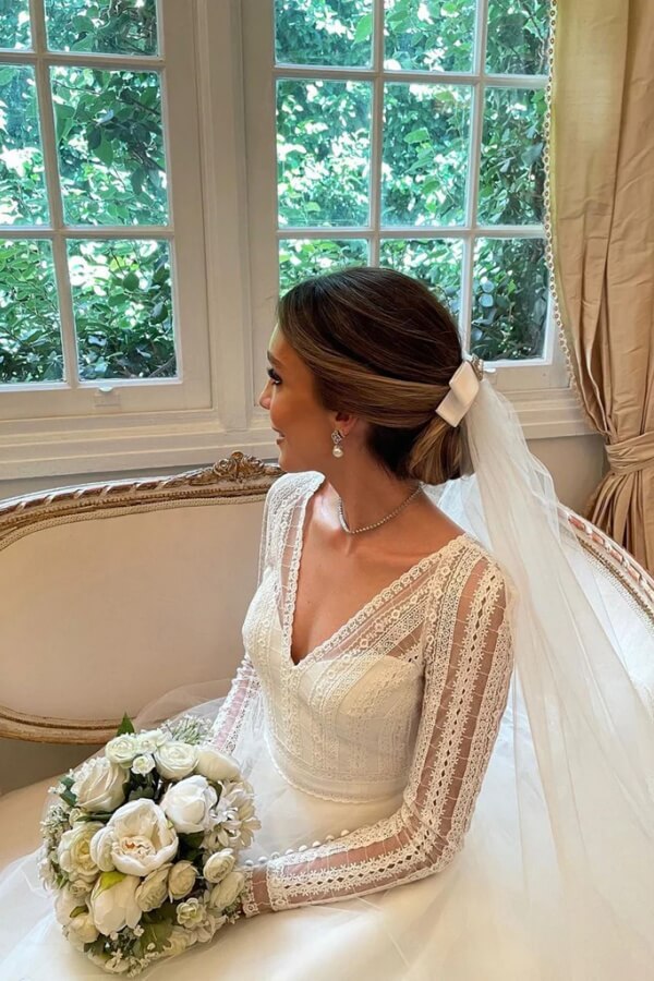 Delicated Tulle Layered V Neck Long Sleeve Lace Wedding Dresses, PW454 image 3