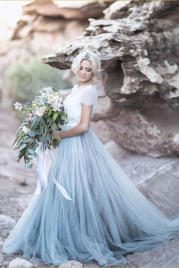 Dusty Blue Tulle Skirt Lace Top Short Sleeves A Line Wedding Dresses, PW409 image 1