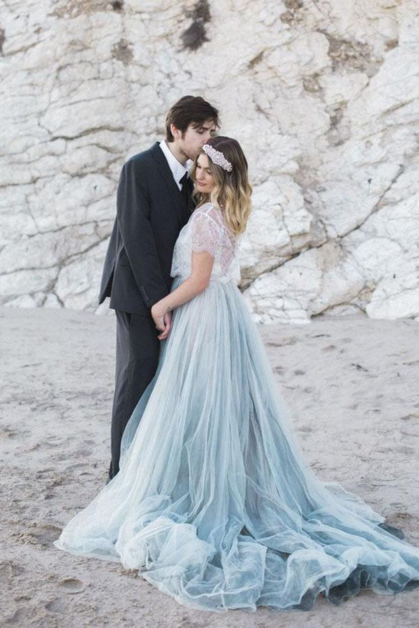 Dusty Blue Tulle Skirt Lace Top Short Sleeves A Line Wedding Dresses, PW409 image 2