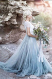 Dusty Blue Tulle Skirt Lace Top Short Sleeves A Line Wedding Dresses, PW409 image 3