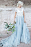 Dusty Blue Tulle Skirt Lace Top Short Sleeves A Line Wedding Dresses, PW409 image 4