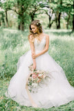 Elegant Tulle A Line V Neck Forest Wedding Dress With Lace Appliques, PW430