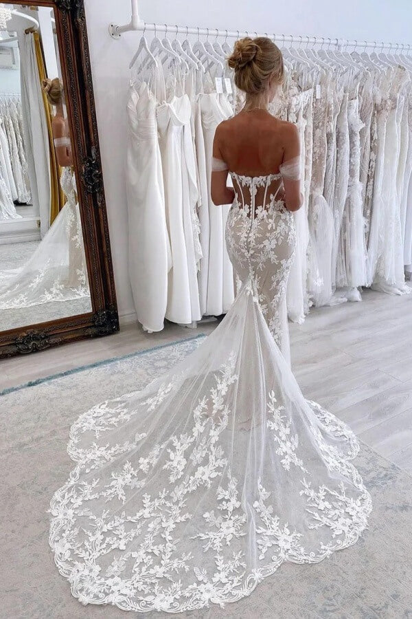 Elegant Tulle Mermaid Off-the-Shoulder Wedding Dresses With Lace Appliques, PW510 | sexy wedding dress | beach wedding dress | bohemian wedding dress | promnova.com