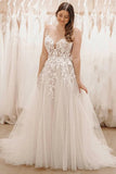 Fairy Tulle A Line V Neck Wedding Dresses With Lace Appliques, PW476