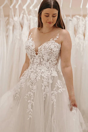 Fairy Tulle A Line V Neck Wedding Dresses With Lace Appliques, PW476 | vintage wedding dress | wedding gown | bridal dress | promnova.com