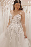 Fairy Tulle A Line V Neck Wedding Dresses With Lace Appliques, PW476 | vintage wedding dress | wedding gown | bridal dress | promnova.com