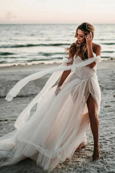 Flowy Tulle Sweetheart Bohemian Wedding Dresses, PW434