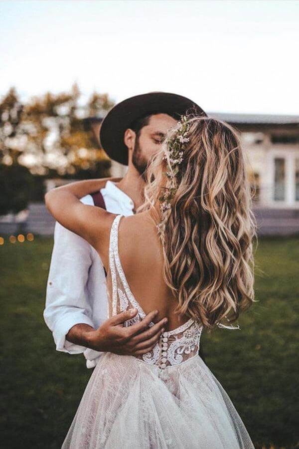 Flowy Tulle Lace A Line Sweep Train Boho Wedding Dresses With Feather, PW392 | bridal styles | bridal outfit | wedding gown | promnova.com