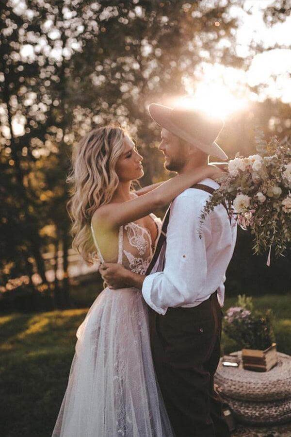 Flowy Tulle Lace A Line Sweep Train Boho Wedding Dresses With Feather, PW392 | cheap wedding dresses online | champagne wedding dress | custom made wedding dress | promnova.com