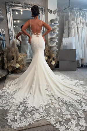 Gorgeous Satin Mermaid V Neck Wedding Dresses With Lace Appliques, PW478 | backless wedding dress | bridal gown | new arrival wedding dress | promnova.com