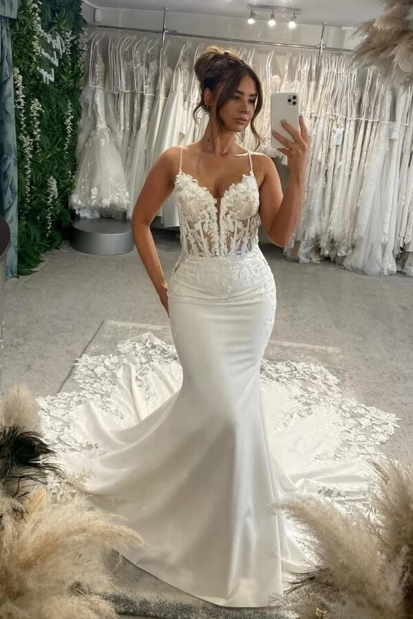 Gorgeous Satin Mermaid V Neck Wedding Dresses With Lace Appliques, PW478 | cheap lace wedding dress | wedding dress online | bohemian wedding dress | promnova.com