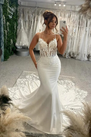 Gorgeous Satin Mermaid V Neck Wedding Dresses With Lace Appliques, PW478 | cheap lace wedding dress | wedding dress online | bohemian wedding dress | promnova.com