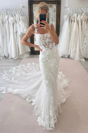 Gorgeous Tulle Mermaid Scoop Neck Lace Boho Wedding Dress With Train, PW496 | cheap lace wedding dress | bridal gown | vintage wedding dress | promnova.com