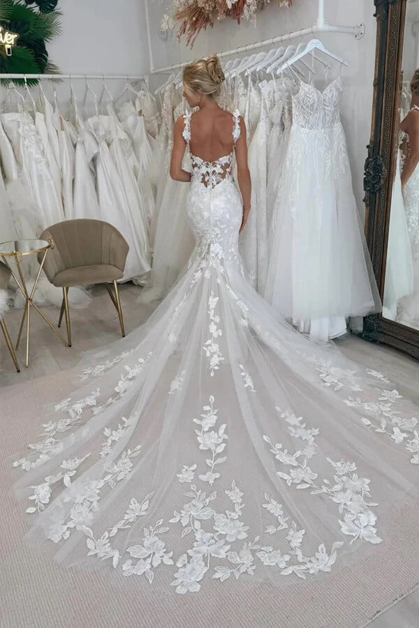 Gorgeous Tulle Mermaid Scoop Neck Lace Boho Wedding Dress With Train, PW496 | lace wedding gown | bridal dresses | cheap wedding dress online | promnova.com