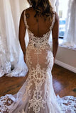 Gorgeous Tulle Mermaid V Neck Wedding Dresses With Lace Appliques, PW472 | backless wedding dress | sexy wedding dress | champagne wedding dress | promnova.com