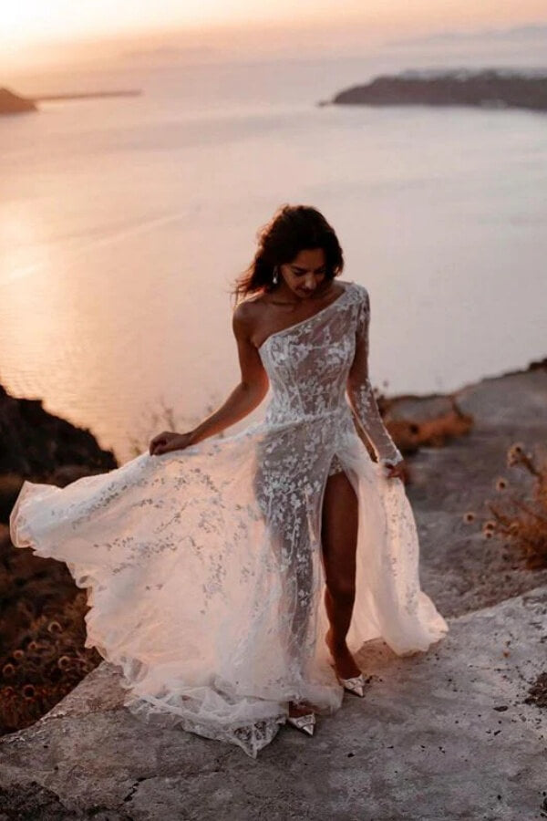 Graceful Tulle A Line One Shoulder See-through Lace Wedding Dresses, PW509 | one shoulder wedding dress | bohemian wedding dress | lace wedding dress | promnova.com