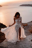 Graceful Tulle A Line One Shoulder See-through Lace Wedding Dresses, PW509 | one shoulder wedding dress | bohemian wedding dress | lace wedding dress | promnova.com
